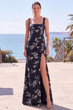 Vestido formal largo con funda floral de jacquard y cuello cuadrado azul con abertura