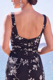 Vestido formal largo con funda floral de jacquard y cuello cuadrado azul con abertura