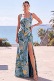 Vestido formal largo con funda floral de jacquard y cuello cuadrado azul con abertura