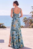 Vestido formal largo con funda floral de jacquard y cuello cuadrado azul con abertura