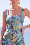 Vestido formal largo con funda floral de jacquard y cuello cuadrado azul con abertura