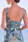 Vestido formal largo con funda floral de jacquard y cuello cuadrado azul con abertura