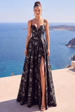 Vestido formal largo de Jacquard Floral Línea A azul con abertura