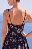 Vestido formal largo de Jacquard Floral Línea A azul con abertura