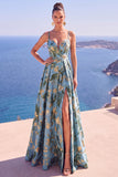 Vestido formal largo de Jacquard Floral Línea A azul con abertura