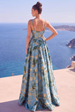 Vestido formal largo de Jacquard Floral Línea A azul con abertura