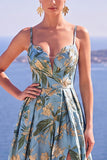 Vestido formal largo de Jacquard Floral Línea A azul con abertura