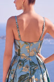 Vestido formal largo de Jacquard Floral Línea A azul con abertura