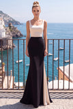Vestido formal largo de sirena de champán negro con cuello cuadrado