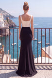 Vestido formal largo de sirena de champán negro con cuello cuadrado