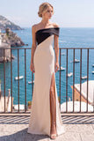 Vestido formal largo de sirena asimétrica de champán negro con abertura