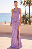 Blush con cuello halter y lentejuelas bordado sirena fruncido con cuentas y vestido largo formal
