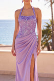 Blush con cuello halter y lentejuelas bordado sirena fruncido con cuentas y vestido largo formal