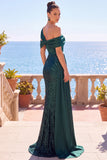 Vestido formal largo de sirena brillante verde oscuro asimétrico con hombros descubiertos, lentejuelas fruncidas