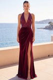 Vestido formal largo de sirena con cuello halter, veludo burdeos, cuello húltico, lentejuelas, largo de terciopelo burdeos con abertura lateral