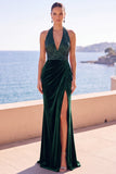 Vestido formal largo de sirena con cuello halter, veludo burdeos, cuello húltico, lentejuelas, largo de terciopelo burdeos con abertura lateral