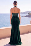 Vestido formal largo de sirena con cuello halter, veludo burdeos, cuello húltico, lentejuelas, largo de terciopelo burdeos con abertura lateral