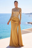 Satén dorado de manga larga Vestido formal largo de sirena fruncido