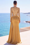 Satén dorado de manga larga Vestido formal largo de sirena fruncido