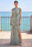 Aplicaciones 3D gris verde, perlas transparentes, funda de perlas con pedrería, vestido formal largo con abertura