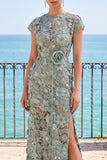 Aplicaciones 3D gris verde, perlas transparentes, funda de perlas con pedrería, vestido formal largo con abertura
