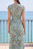 Aplicaciones 3D gris verde, perlas transparentes, funda de perlas con pedrería, vestido formal largo con abertura