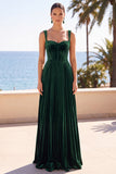 Corsé de terciopelo verde oscuro Tirantes plisados gruesos Vestido formal largo de línea A