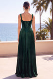 Corsé de terciopelo verde oscuro Tirantes plisados gruesos Vestido formal largo de línea A