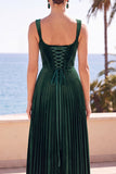 Corsé de terciopelo verde oscuro Tirantes plisados gruesos Vestido formal largo de línea A