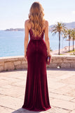 Terciopelo burdeos con lentejuelas, cuello halter con funda fruncida, vestido formal largo con abertura