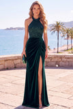 Terciopelo burdeos con lentejuelas, cuello halter con funda fruncida, vestido formal largo con abertura