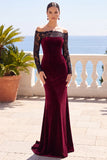 Burdeos, encaje al descubierto, terciopelo de manga larga de manga larga sirena, vestido formal largo de sirena