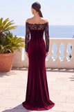 Burdeos, encaje al descubierto, terciopelo de manga larga de manga larga sirena, vestido formal largo de sirena
