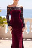 Burdeos, encaje al descubierto, terciopelo de manga larga de manga larga sirena, vestido formal largo de sirena