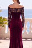 Burdeos, encaje al descubierto, terciopelo de manga larga de manga larga sirena, vestido formal largo de sirena