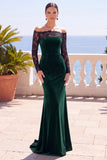 Burdeos, encaje al descubierto, terciopelo de manga larga de manga larga sirena, vestido formal largo de sirena