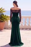 Burdeos, encaje al descubierto, terciopelo de manga larga de manga larga sirena, vestido formal largo de sirena