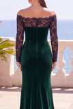 Burdeos, encaje al descubierto, terciopelo de manga larga de manga larga sirena, vestido formal largo de sirena