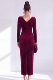 Vestido de Madre de la Novia de manga larga de terciopelo bodycon escote en V verde oscuro y abertura