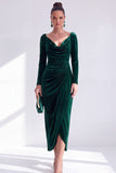 Vestido de Madre de la Novia de manga larga de terciopelo bodycon escote en V verde oscuro y abertura