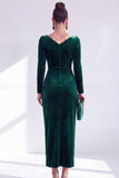 Vestido de Madre de la Novia de manga larga de terciopelo bodycon escote en V verde oscuro y abertura