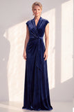 Vestido largo de la madre de la novia de terciopelo azul oscuro línea en V con escote en V
