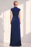 Vestido largo de la madre de la novia de terciopelo azul oscuro línea en V con escote en V