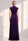 Vestido largo de la madre de la novia de terciopelo azul oscuro línea en V con escote en V
