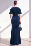 Vestido de terciopelo azul oscuro de terciopelo fruncido de la madre de la novia
