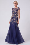 Vestido Batueau A-Line Long con cuentas azul marino Madre de la novia