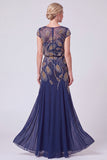 Vestido Batueau A-Line Long con cuentas azul marino Madre de la novia
