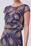 Vestido Batueau A-Line Long con cuentas azul marino Madre de la novia