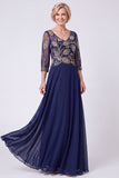 Vestido largo de Madre de la Novia con escote en V con cuentas y línea en A azul marino y manga media