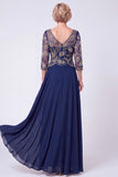 Vestido largo de Madre de la Novia con escote en V con cuentas y línea en A azul marino y manga media